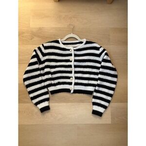 Women's Button Striped Crop Cardigan Sweater Black and White